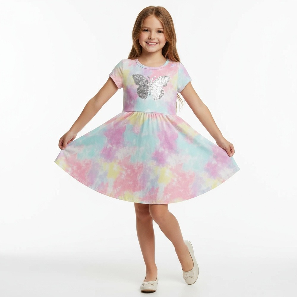 Jenna & Jessie Girls Tie Dye Butterfly Sparkle Dress Pastel Colors sz xs 4-5T